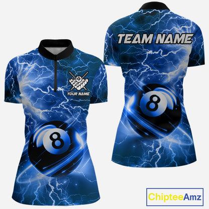 Blue 8 ball thunder lightning billiard quarter zip shirt for women designed for league tournaments and team events.