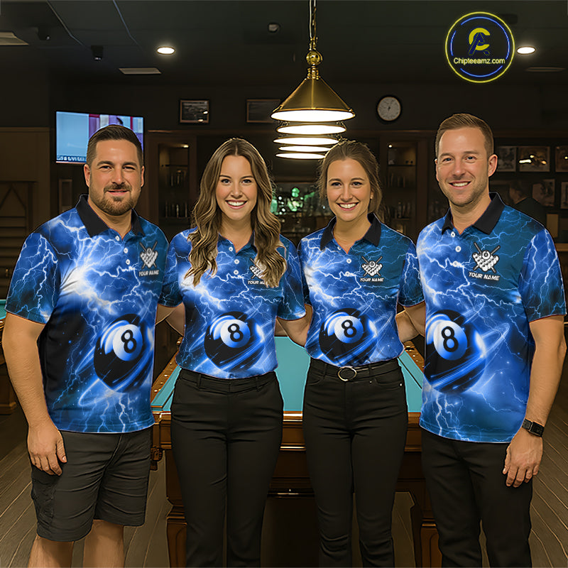 Pool team wearing matching blue 8 ball thunder lightning billiard jerseys during league matches front view.