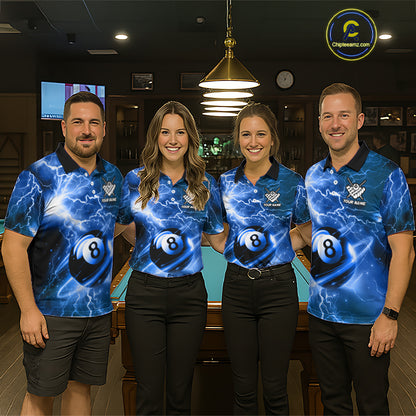 Pool team wearing matching blue 8 ball thunder lightning billiard jerseys during league matches front view.