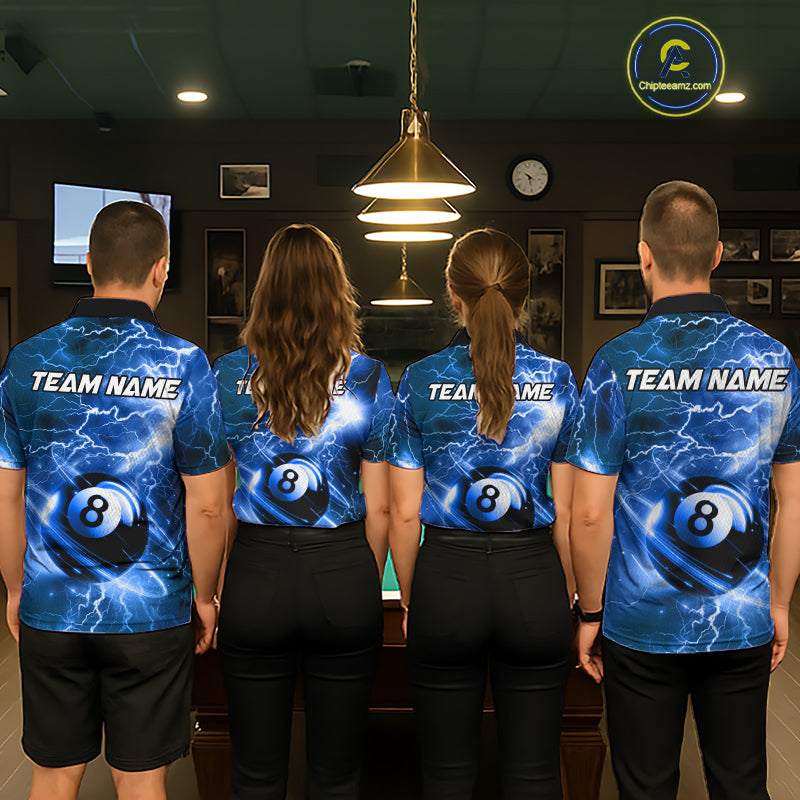 Back view of pool players wearing matching blue lightning billiard shirts in a game room.