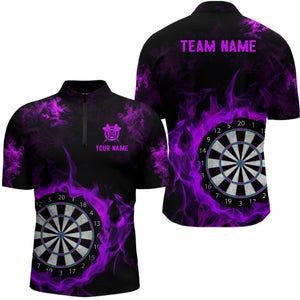 Fire Flame Purple Dartboard Men Dart Polo/ Quarter-Zip Shirt Custom Dart Shirt For Team Dart Jersey TDM2032