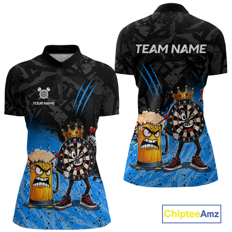 Personalized blue funny crown dartboard beer darts team jersey quarter zip shirt for women featuring funny crown dartboard beer artwork, premium custom darts apparel.