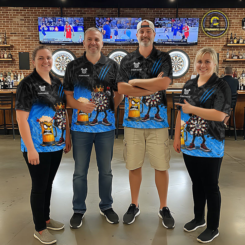 Man wearing personalized blue funny crown dartboard beer darts team jersey quarter zip shirt featuring crown dartboard beer artwork, front view.