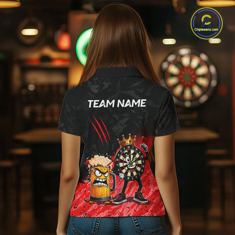Woman wearing personalized red funny crown dartboard beer darts team jersey polo shirt featuring crown dartboard beer artwork, back view.