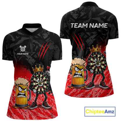 Personalized red funny crown dartboard beer darts team jersey quarter zip shirt for women featuring funny crown dartboard beer artwork, premium custom darts apparel.