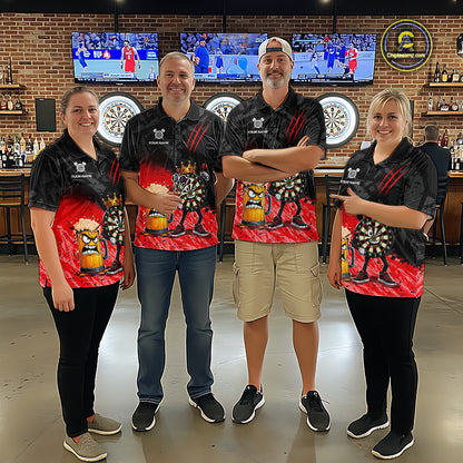 Man wearing personalized red funny crown dartboard beer darts team jersey quarter zip shirt featuring crown dartboard beer artwork, front view.