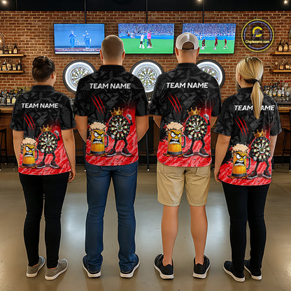 Darts team wearing matching personalized red funny crown dartboard beer darts team jerseys, front view.