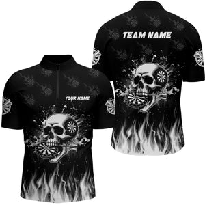 Funny Skull Fire Black Darts Polo And Quarter-Zip Shirts For Men Custom Darts Team Jerseys TDM2242