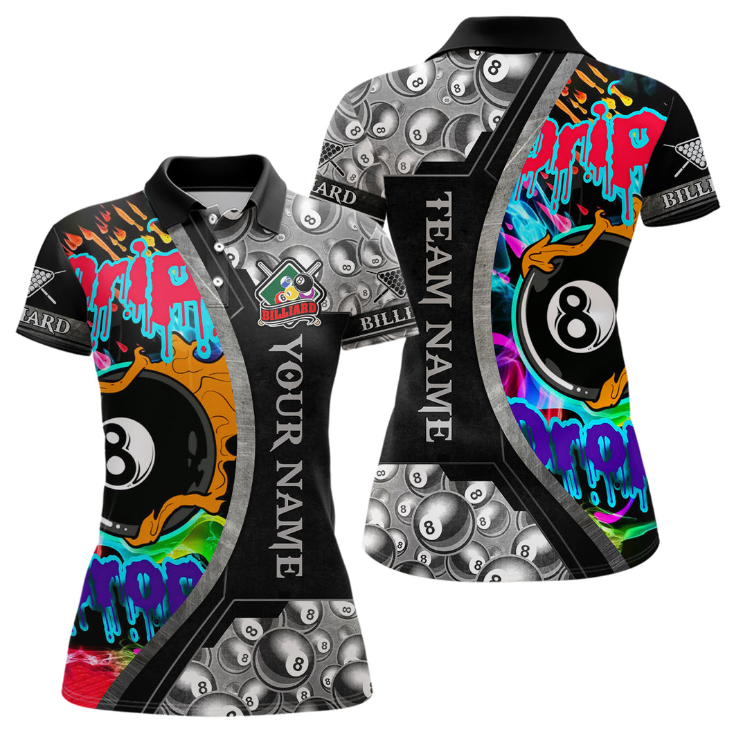 8 Ball Billiard Drip And Drop Personalized Polo Shirts For Women, Custom Billiard Balls Shirts TDM0119
