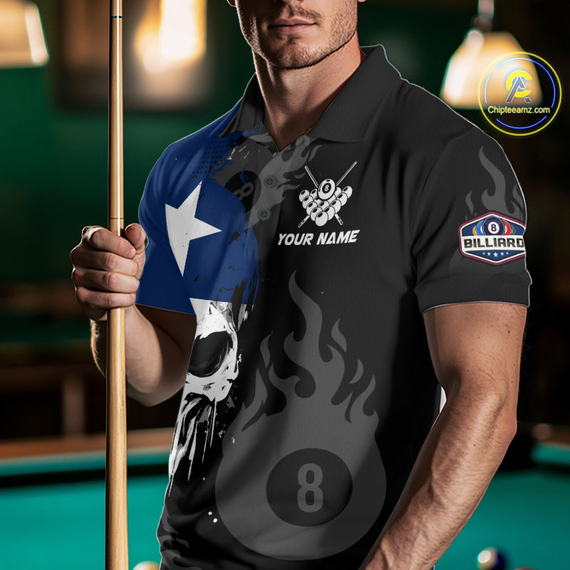 Grunge Texas Flag Skull 8 Ball Pool Custom Men Billiard Shirts, Patriotic Billiard Team Jerseys TDM7891