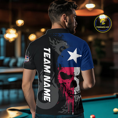 Grunge Texas Flag Skull 8 Ball Pool Custom Men Billiard Shirts, Patriotic Billiard Team Jerseys TDM7891