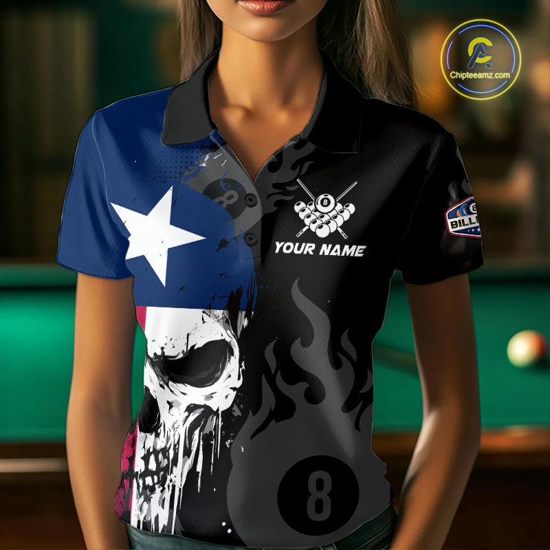 Grunge Texas Flag Skull 8 Ball Pool Custom Women Billiard Shirts, Patriotic Billiard Team Jerseys TDM7891