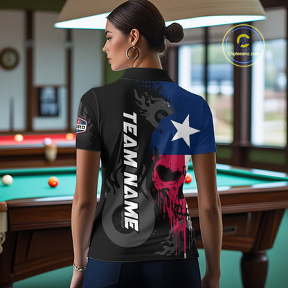 Grunge Texas Flag Skull 8 Ball Pool Custom Women Billiard Shirts, Patriotic Billiard Team Jerseys TDM7891