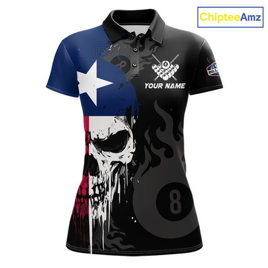 Grunge Texas Flag Skull 8 Ball Pool Custom Women Billiard Shirts, Patriotic Billiard Team Jerseys TDM7891