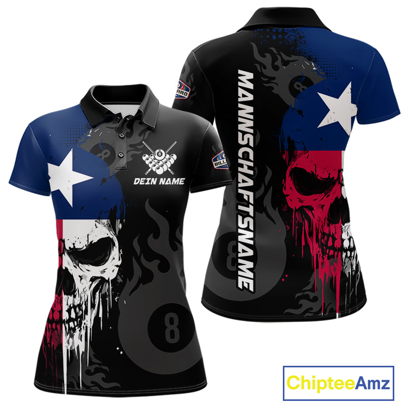 Grunge Texas Flag Skull 8 Ball Pool Custom Women Billiard Shirts, Patriotic Billiard Team Jerseys TDM7891