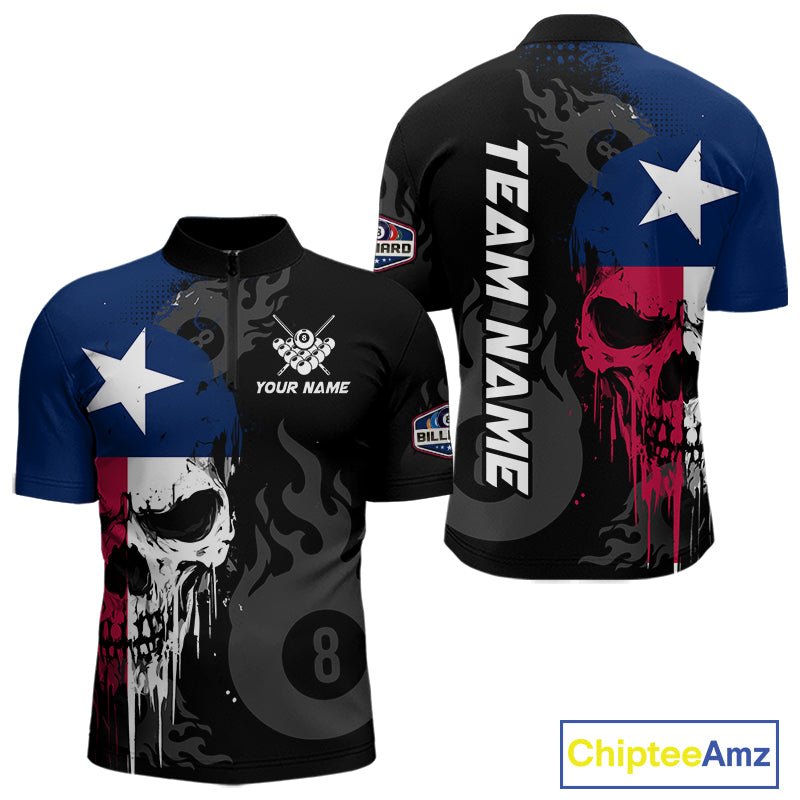 Grunge Texas Flag Skull 8 Ball Pool Custom Men Billiard Shirts, Patriotic Billiard Team Jerseys TDM7891