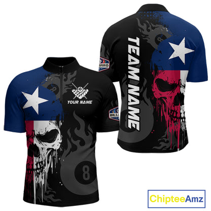 Grunge Texas Flag Skull 8 Ball Pool Custom Men Billiard Shirts, Patriotic Billiard Team Jerseys TDM7891