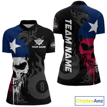 Grunge Texas Flag Skull 8 Ball Pool Custom Women Billiard Shirts, Patriotic Billiard Team Jerseys TDM7891