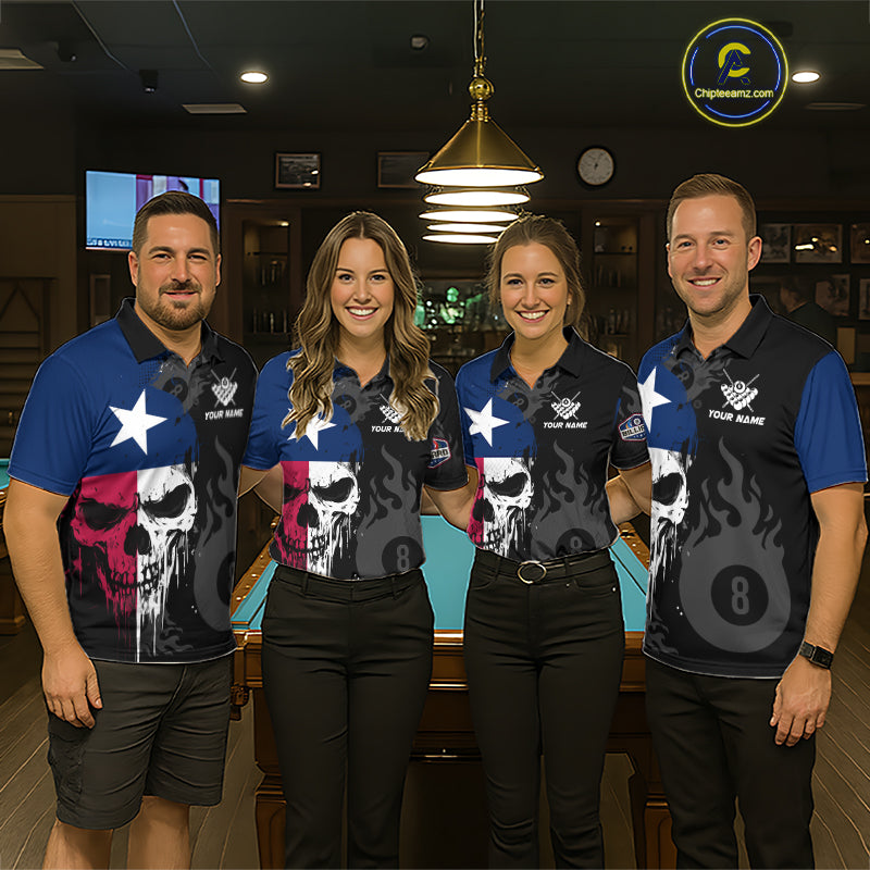 Grunge Texas Flag Skull 8 Ball Pool Custom Women Billiard Shirts, Patriotic Billiard Team Jerseys TDM7891