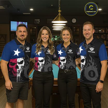 Grunge Texas Flag Skull 8 Ball Pool Custom Women Billiard Shirts, Patriotic Billiard Team Jerseys TDM7891
