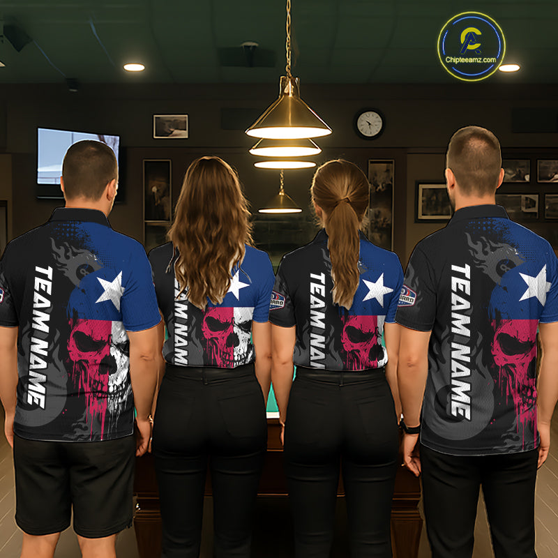 Grunge Texas Flag Skull 8 Ball Pool Custom Women Billiard Shirts, Patriotic Billiard Team Jerseys TDM7891
