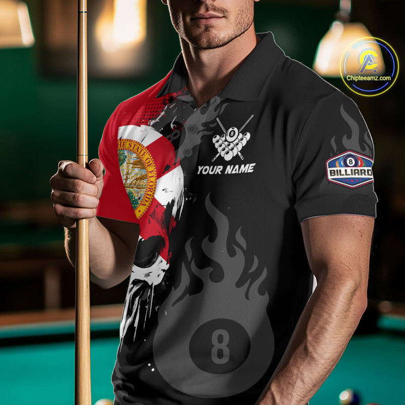 Grunge Florida Flag Skull 8 Ball Pool Custom Men Billiard Shirts, Patriotic Billiard Team Jerseys TDM7892
