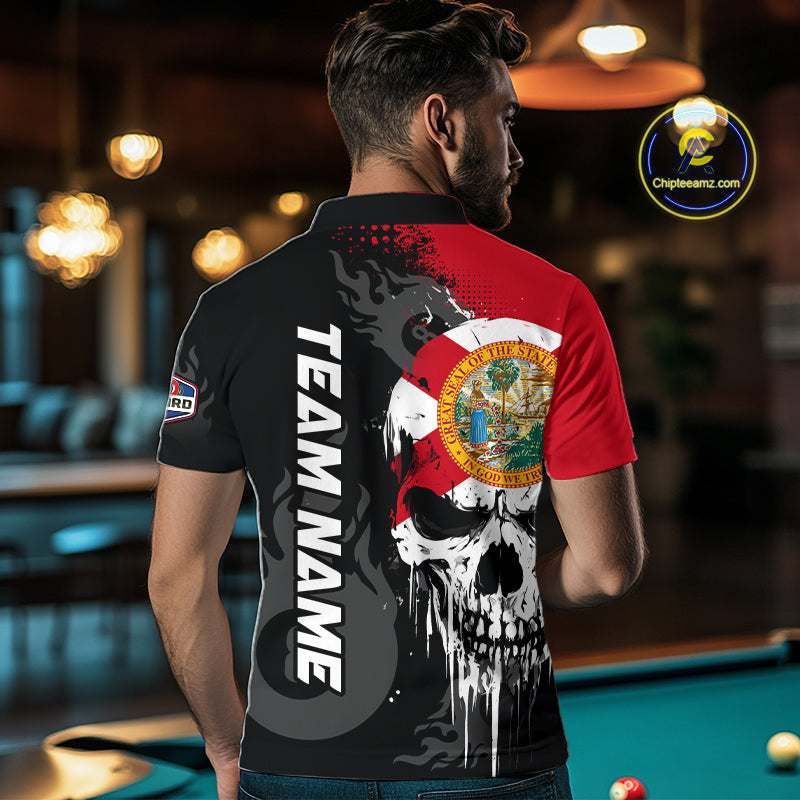 Grunge Florida Flag Skull 8 Ball Pool Custom Men Billiard Shirts, Patriotic Billiard Team Jerseys TDM7892