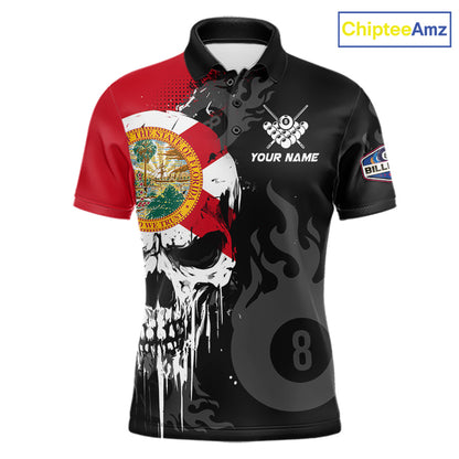 Grunge Florida Flag Skull 8 Ball Pool Custom Men Billiard Shirts, Patriotic Billiard Team Jerseys TDM7892