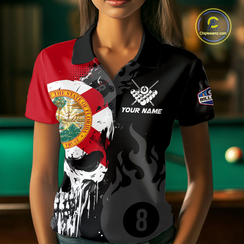 Grunge Florida Flag Skull 8 Ball Pool Custom Women Billiard Shirts, Patriotic Billiard Team Jerseys TDM7892