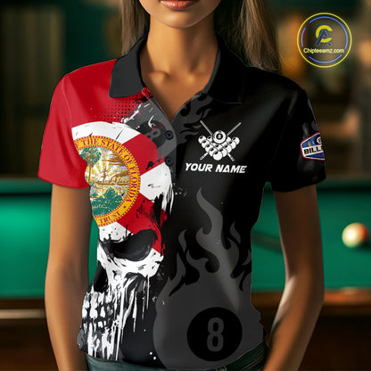 Grunge Florida Flag Skull 8 Ball Pool Custom Women Billiard Shirts, Patriotic Billiard Team Jerseys TDM7892