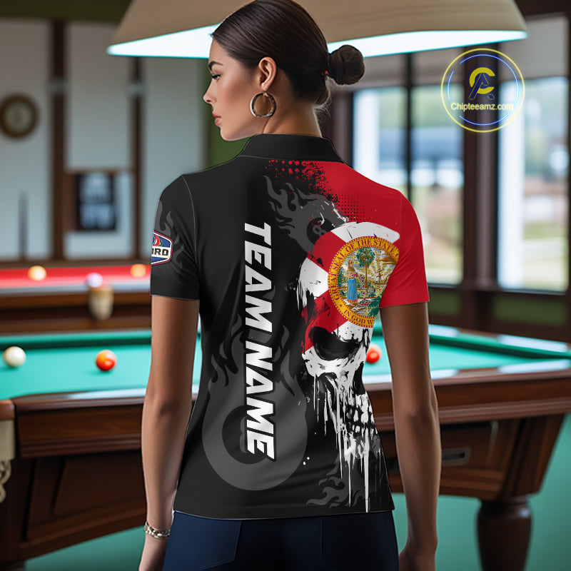 Grunge Florida Flag Skull 8 Ball Pool Custom Women Billiard Shirts, Patriotic Billiard Team Jerseys TDM7892