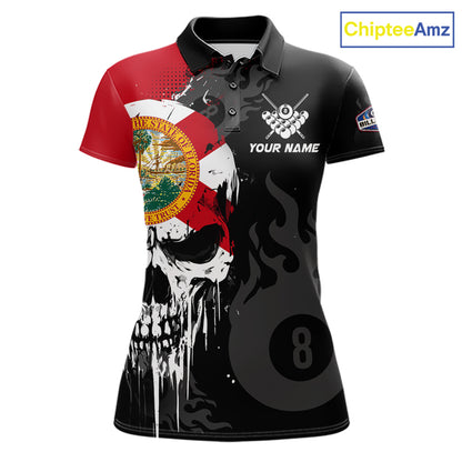 Grunge Florida Flag Skull 8 Ball Pool Custom Women Billiard Shirts, Patriotic Billiard Team Jerseys TDM7892