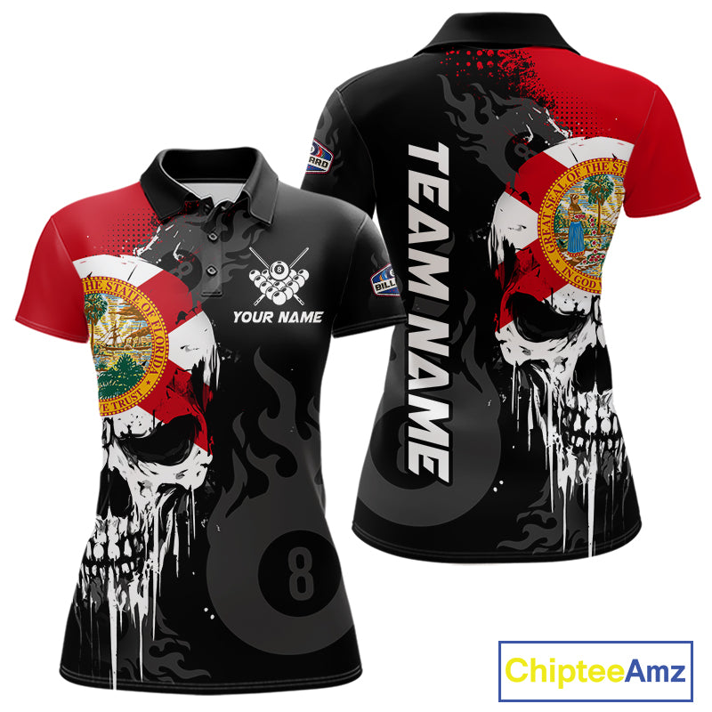 Grunge Florida Flag Skull 8 Ball Pool Custom Women Billiard Shirts, Patriotic Billiard Team Jerseys TDM7892
