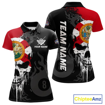 Grunge Florida Flag Skull 8 Ball Pool Custom Women Billiard Shirts, Patriotic Billiard Team Jerseys TDM7892
