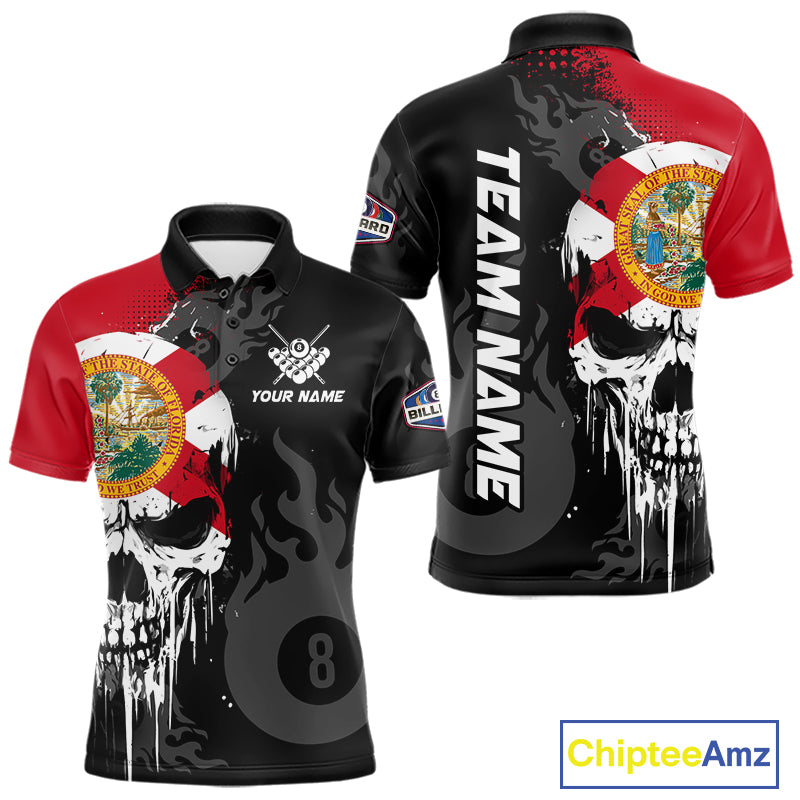 Grunge Florida Flag Skull 8 Ball Pool Custom Men Billiard Shirts, Patriotic Billiard Team Jerseys TDM7892