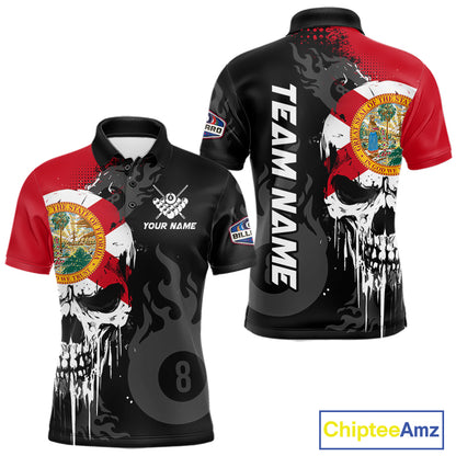 Grunge Florida Flag Skull 8 Ball Pool Custom Men Billiard Shirts, Patriotic Billiard Team Jerseys TDM7892