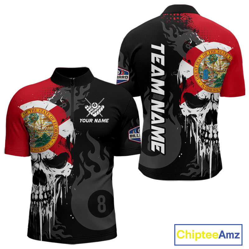 Grunge Florida Flag Skull 8 Ball Pool Custom Men Billiard Shirts, Patriotic Billiard Team Jerseys TDM7892