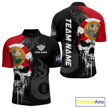 Grunge Florida Flag Skull 8 Ball Pool Custom Men Billiard Shirts, Patriotic Billiard Team Jerseys TDM7892
