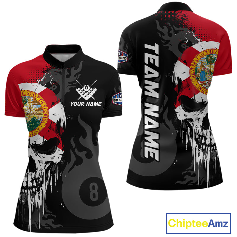 Grunge Florida Flag Skull 8 Ball Pool Custom Women Billiard Shirts, Patriotic Billiard Team Jerseys TDM7892