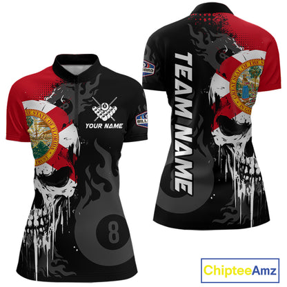 Grunge Florida Flag Skull 8 Ball Pool Custom Women Billiard Shirts, Patriotic Billiard Team Jerseys TDM7892