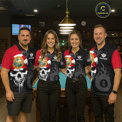 Grunge Florida Flag Skull 8 Ball Pool Custom Men Billiard Shirts, Patriotic Billiard Team Jerseys TDM7892