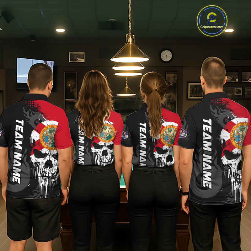 Grunge Florida Flag Skull 8 Ball Pool Custom Men Billiard Shirts, Patriotic Billiard Team Jerseys TDM7892