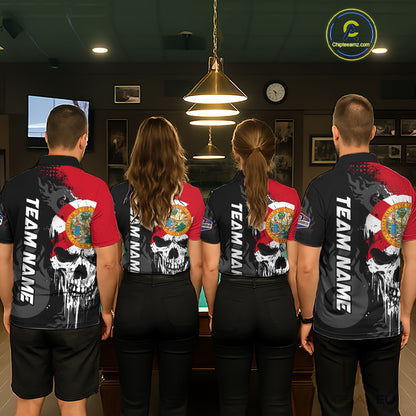 Grunge Florida Flag Skull 8 Ball Pool Custom Men Billiard Shirts, Patriotic Billiard Team Jerseys TDM7892