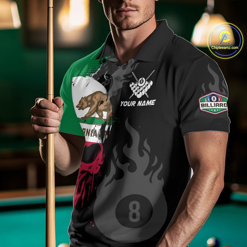 Grunge California Flag Skull 8 Ball Pool Custom Men Billiard Shirt, Patriotic Billiard Team Jersey TDM7893