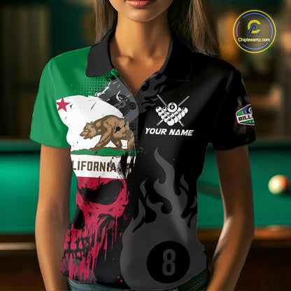 Grunge California Flag Skull 8 Ball Pool Custom Women Billiard Shirt, Patriotic Billiard Team Jersey TDM7893