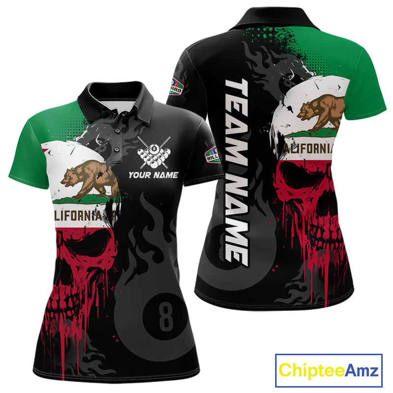 Grunge California Flag Skull 8 Ball Pool Custom Women Billiard Shirt, Patriotic Billiard Team Jersey TDM7893