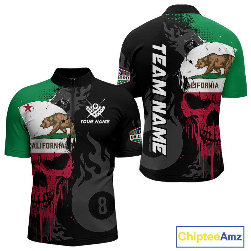 Grunge California Flag Skull 8 Ball Pool Custom Men Billiard Shirt, Patriotic Billiard Team Jersey TDM7893