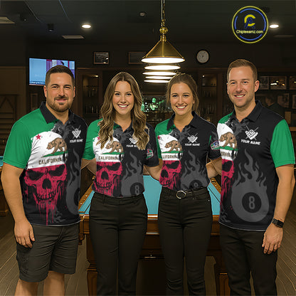 Grunge California Flag Skull 8 Ball Pool Custom Women Billiard Shirt, Patriotic Billiard Team Jersey TDM7893