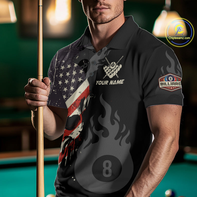Vintage American Flag Skull 8 Ball Pool Custom Men Billiard Shirts Patriotic Billiard Team Jerseys TDM7894