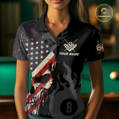 Vintage American Flag Skull 8 Ball Pool Custom Women Billiard Shirts Patriotic Billiard Team Jerseys TDM7894